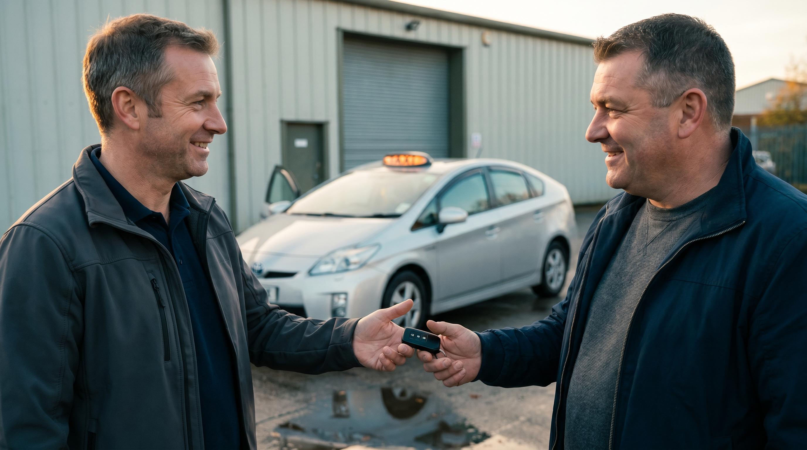 FCRT fleet manager handing the keys to a replacement Toyota Prius hackney to a smiling cabbie outside the Fleetwood depot at golden hour